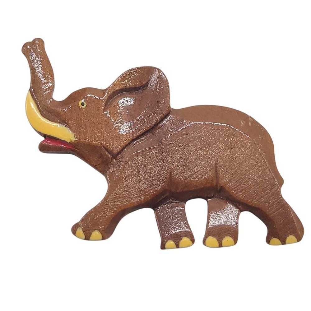 Vtg Hand-Carved Wooden Elephant Pin Brooch With Painted Details Lucky Trunk Up